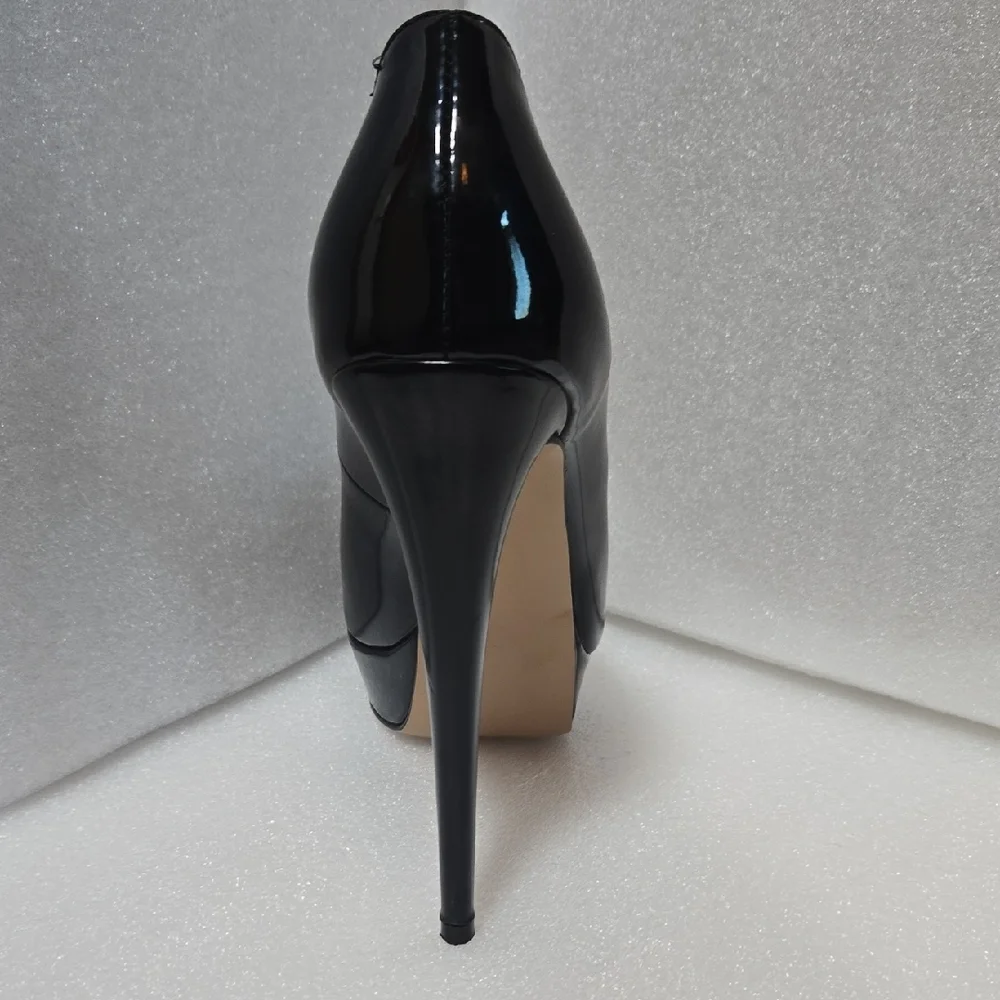 Marumote 6" SHINEY BLACK STILETTOS W/ RED PEEP VALENTINE'S  DIVA 9.5 - Picture 14 of 17